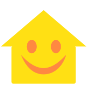 The Happy Day Mortgage logo is a yellow single story house with a smiley face with orange oval eyes and an orange mouth.